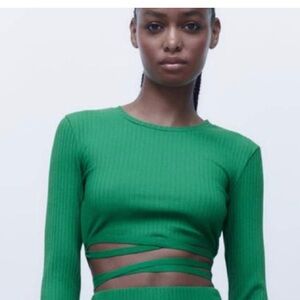 🌙 Zara Cropped Ribbed Wrap Tie Long Sleeve Top in Green